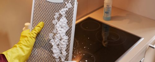 Cropped photo of janitor in rubber gloves spraying degreasing detergent on exhaust hood mesh filter