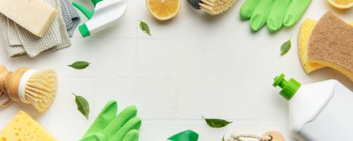 Cleaning supplies and green leaves creatively arranged on a white background
